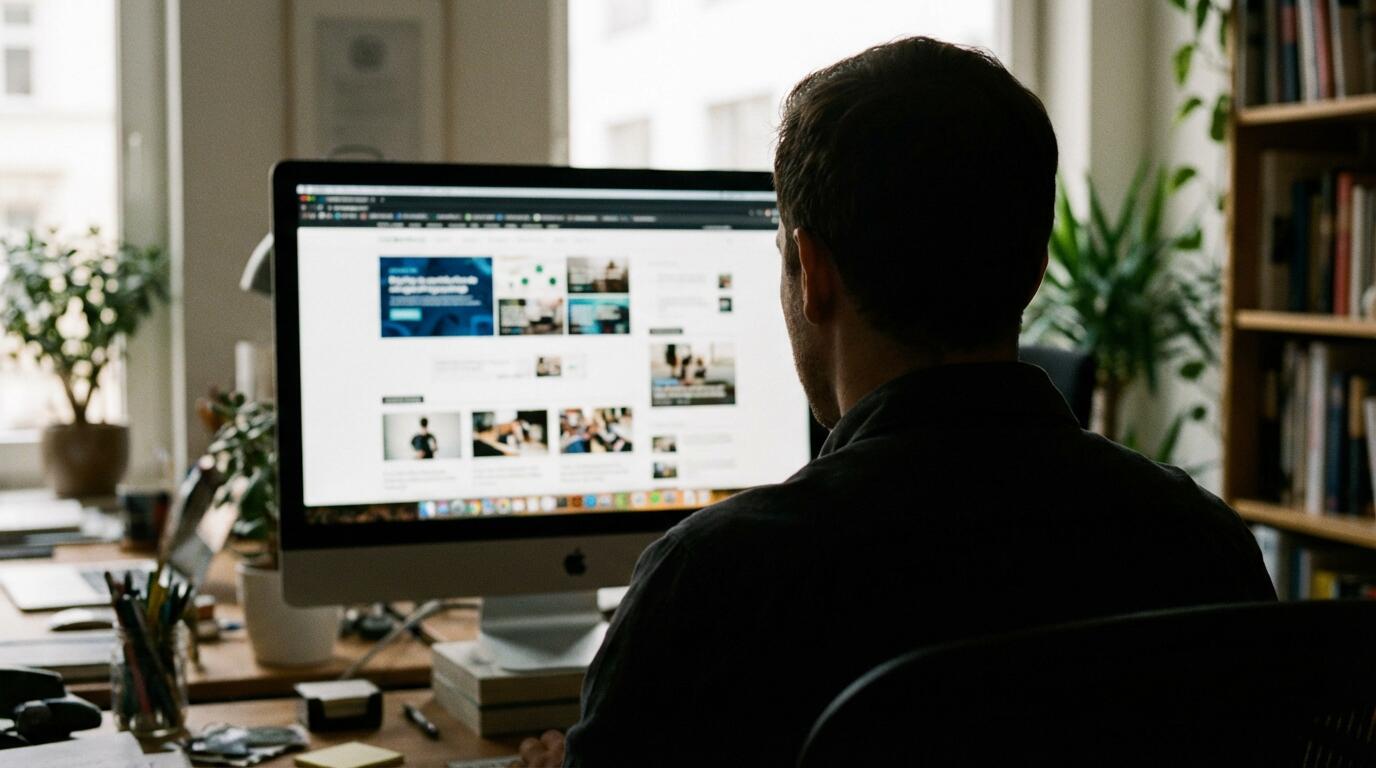 Vue par-dessus l'épaule consultant des exemples de sites web sur écran