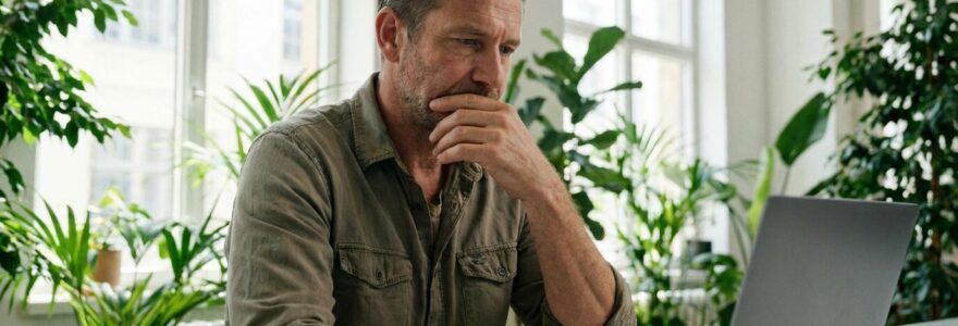 Entrepreneur consultant un site internet sur ordinateur portable dans un bureau moderne