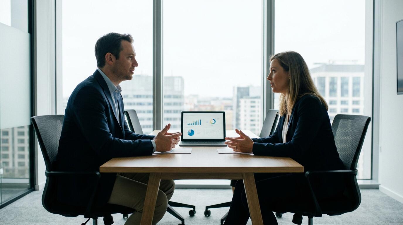 Deux professionnels discutant d'un projet web autour d'une tablette