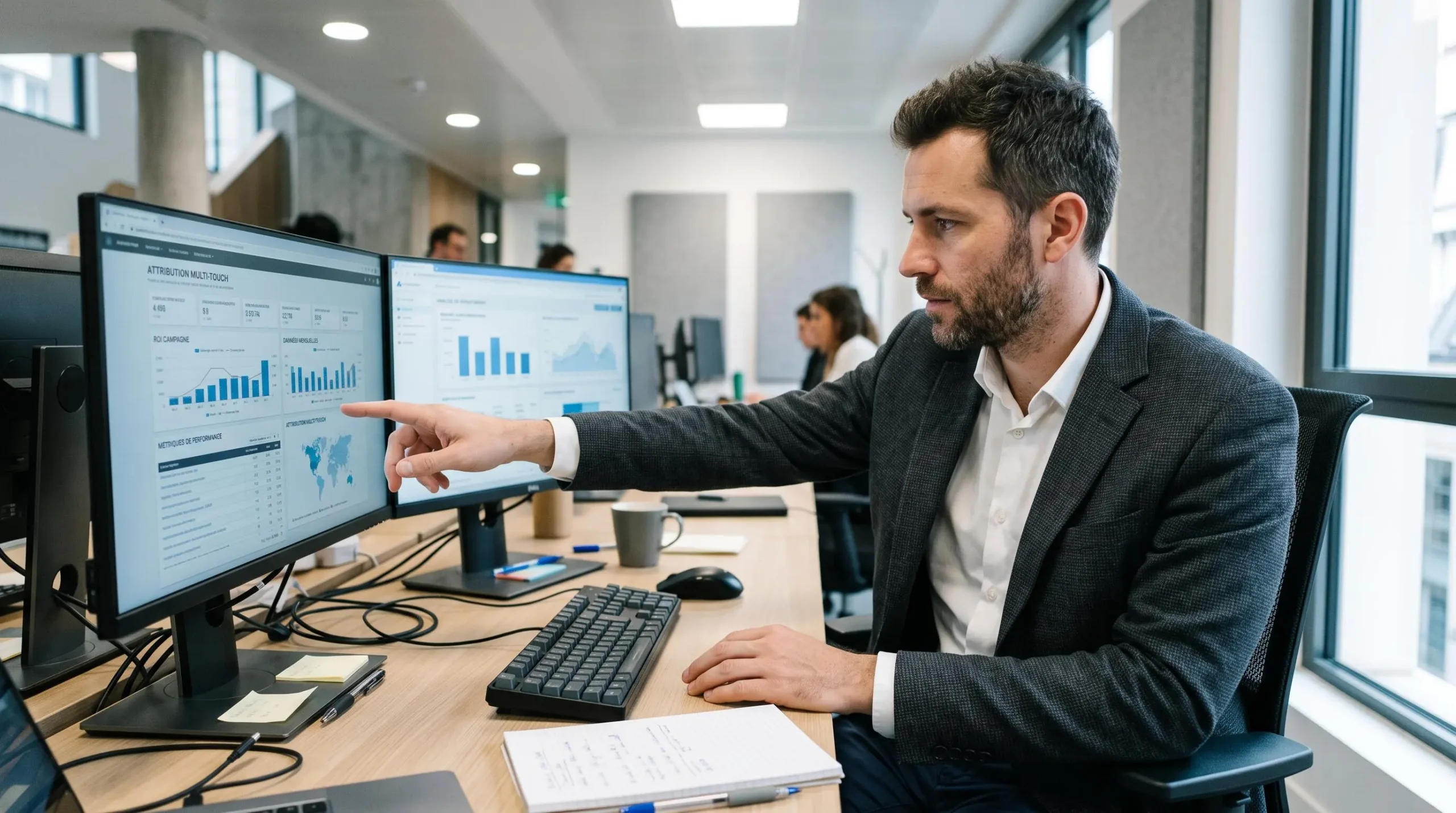 Analyste marketing B2B examinant les métriques d'attribution multi-touch et le ROI de campagnes Google Ads sur un système bi-écran