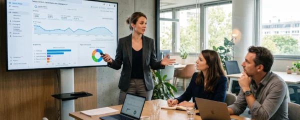 Consultante Google Ads présentant une stratégie de segmentation de campagne à des clients B2B dans un bureau moderne français