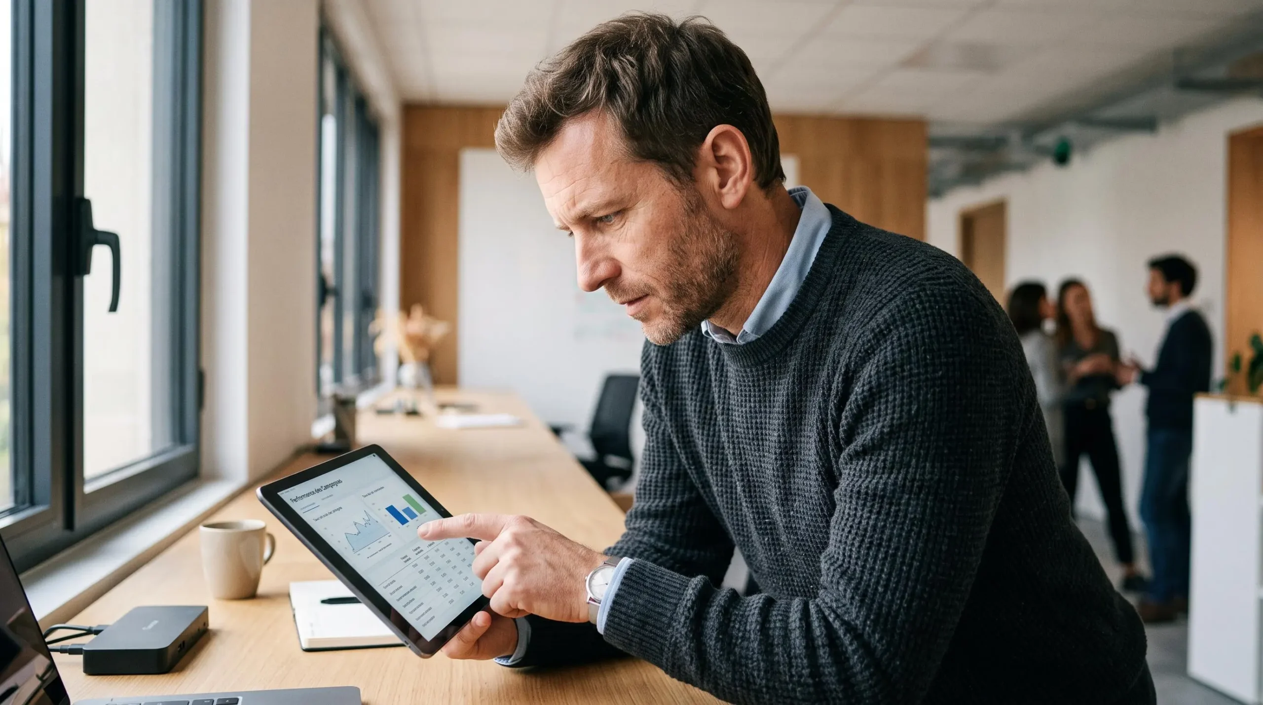 Responsable marketing B2B analysant les données de performance d'une campagne Google Ads sur une tablette dans son bureau