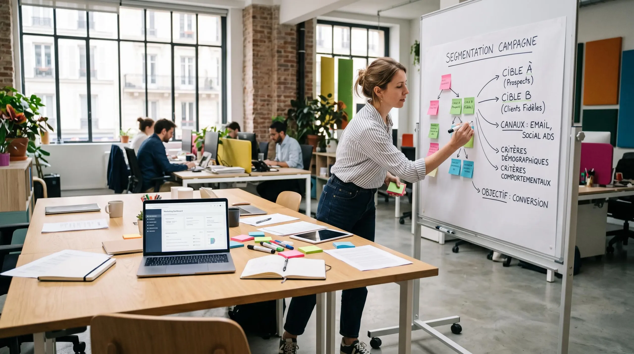 Spécialiste marketing digital organisant la structure de segmentation d'une campagne Google Ads dans un espace de travail moderne